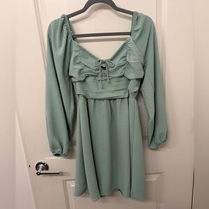 Altar'd State Mint Sage Long-Sleeve Smocked Mini Dress